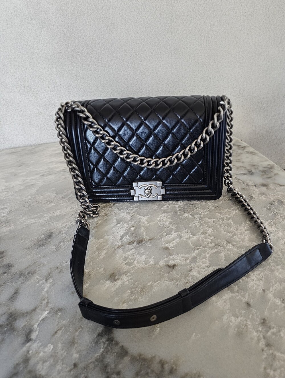 Authentic CHANEL Boy Flap Bag Medium Black Leather Ruthenium Silver Chain Purse